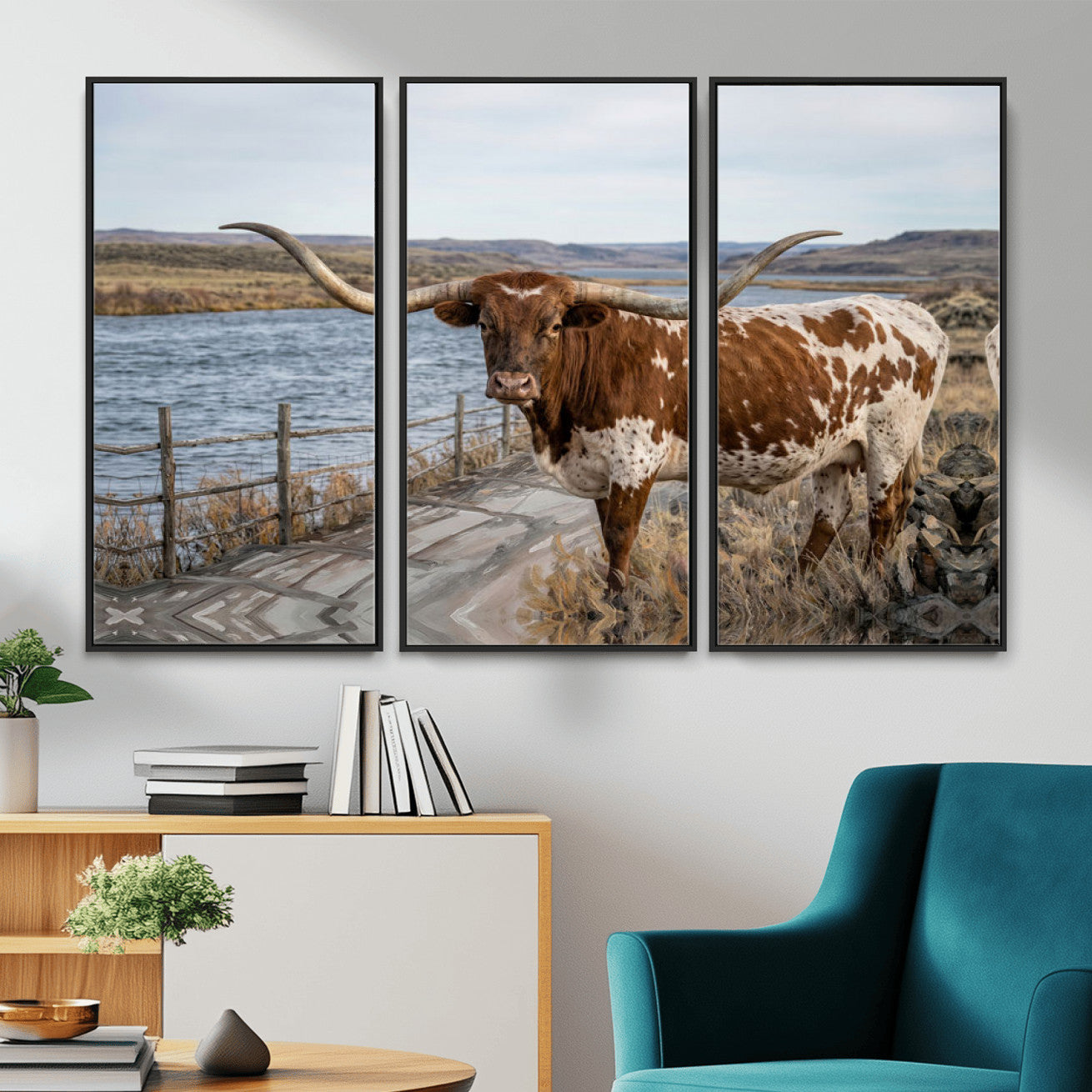 91575949-MGV-CV-36X24 - Texas Longhorn Cattle in Desert Pasture Wall Art Canvas Print - Rustic Western Decor