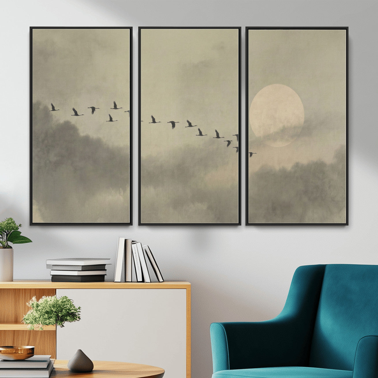12098149-MGV-CV-36X24 - Flock of Birds Flying to Full Moon Wall Art Canvas Print - Vintage Surreal Clouds Painting