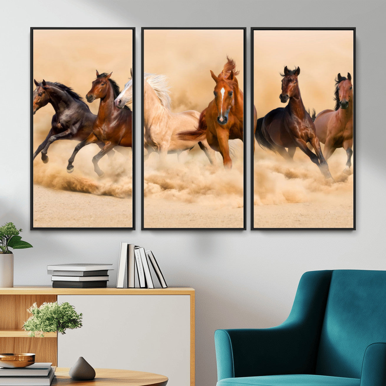 90610949-MGV-CV-36X24 - Herd of Six Wild Horses Galloping in Dust Storm Wall Art Canvas Print - Majestic Wildlife Decor