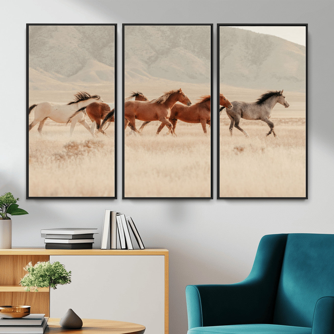 43348446-MGV-CV-36X24 - Herd of Wild Horses Running in Desert Mountain Wall Art Canvas Print - Boho Western Landscape