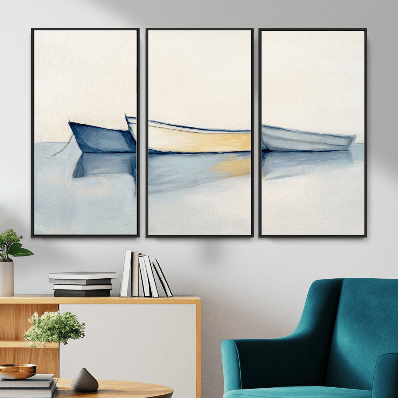 84017361-MGV-CV-36X24 - Abstract Three Boats Reflecting on Water Wall Art Canvas Print - Minimalist Coastal Seascape