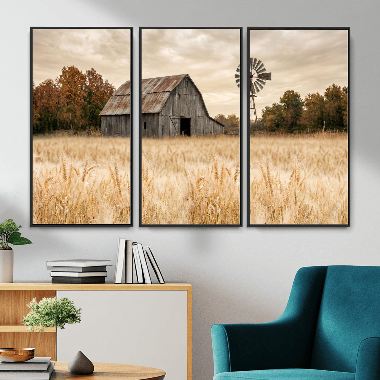 99640659-MGV-CV-36X24 - Rustic Farmhouse Barn and Windmill Wall Art Canvas Print, Country Landscape Photography Print