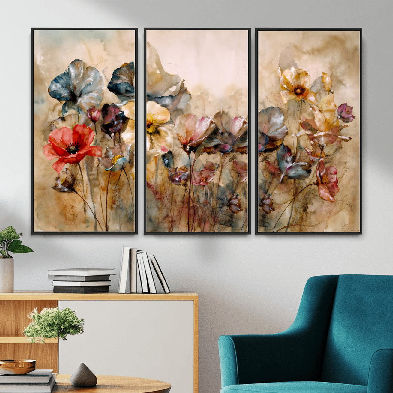 11407233-MGV-CV-36X24 - Vintage Dried Floral Meadow Wall Art Canvas Print, Translucent Watercolor Flowers Painting Print