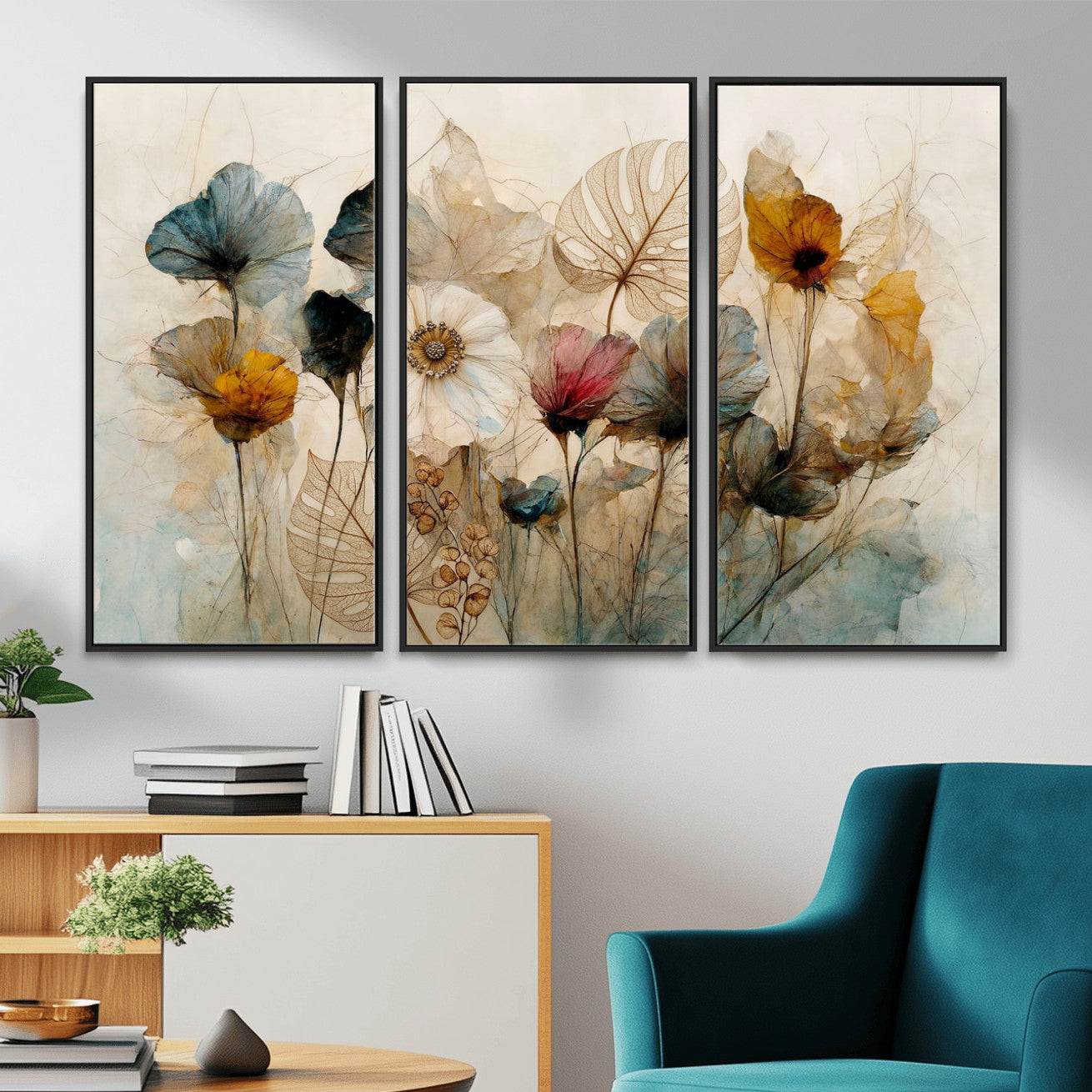 93171612-MGV-CV-36X24 - Vintage Dried Floral Meadow Wall Art Canvas Print, Translucent Watercolor Flowers Painting Print