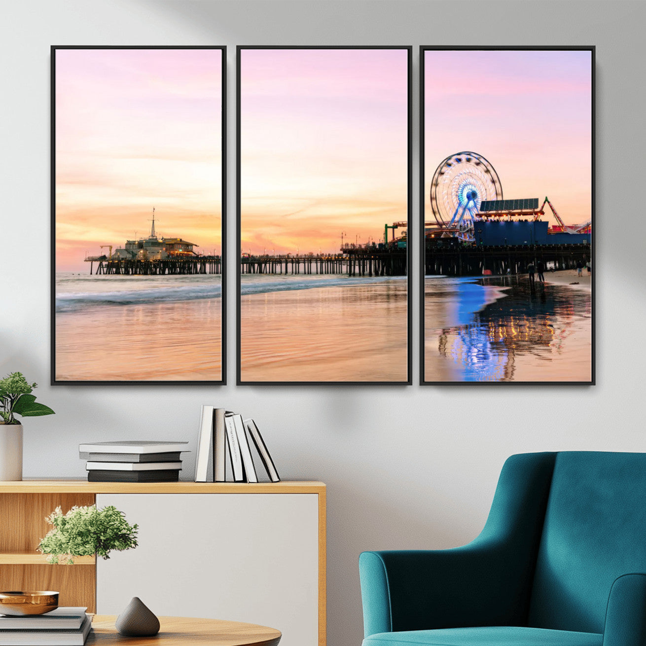 27381272-MGV-CV-36X24 - Santa Monica Pier Sunset Beach Wall Art Canvas Print, California Ferris Wheel Photo Print