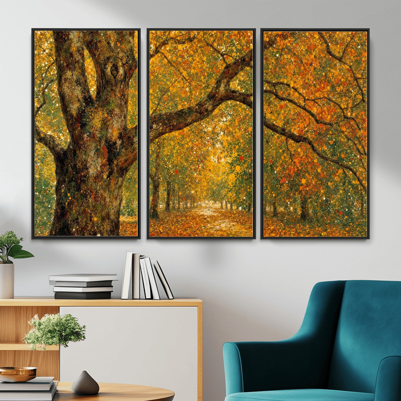 11536138-MGV-CV-36X24 - Vintage Autumn Forest Path Wall Art Canvas Print, Golden Leaves Impressionist Painting Print
