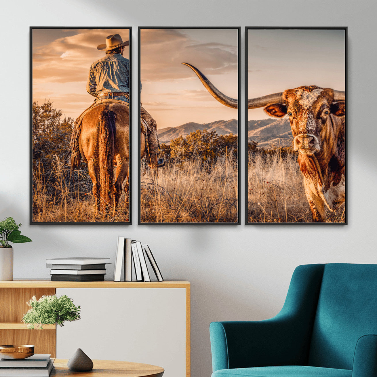 62076449C-MGV-CV-36X24 - Texas Cowboy and Longhorn Bull Print for Western Wall Art Decor for Farmhouse