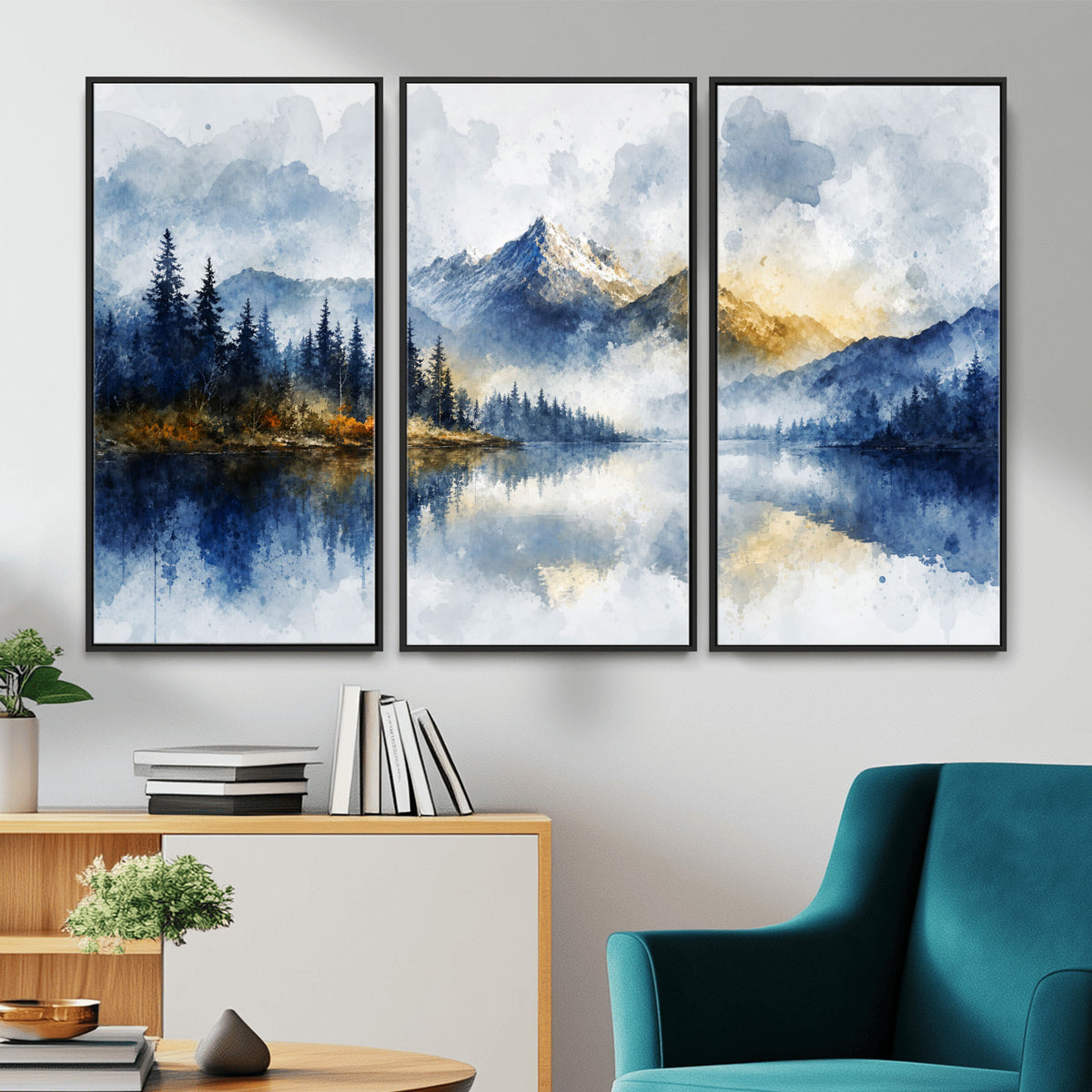 62076449DG-MGV-CV-36X24 - Abstract Watercolor Mountain Lake Wall Art Print for Living Room Decor