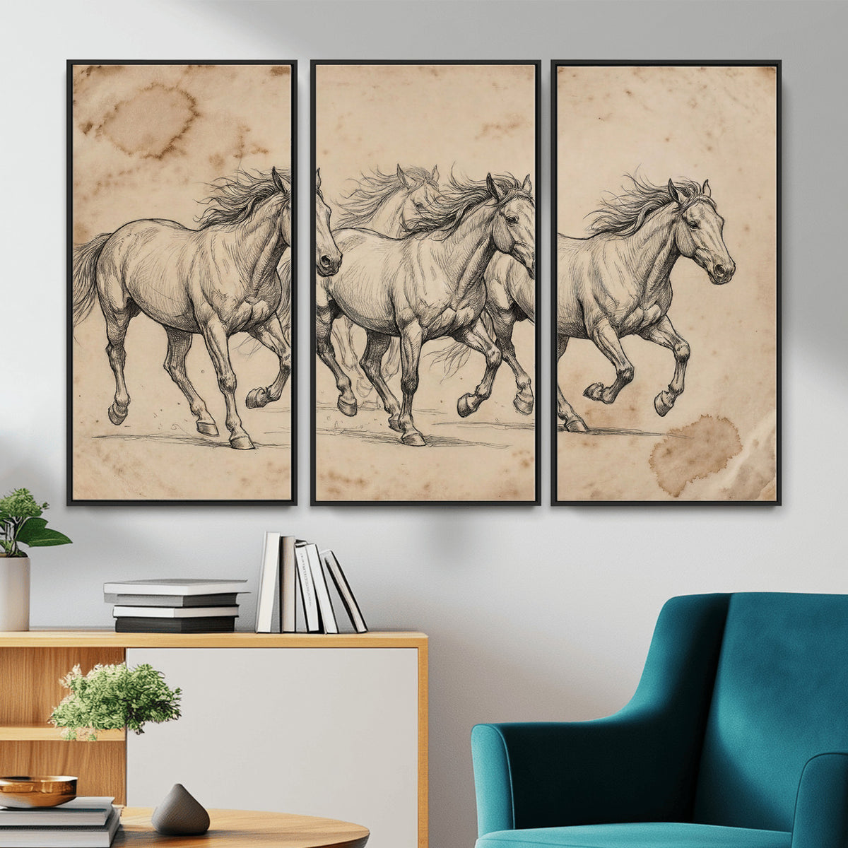 56046981-MGV-CV-36X24 - Sepia Wild Horses Canvas Art, Antique Pencil Drawing Print, Vintage Gallery Wall Decor, Rustic Equestrian Artwork, Traditional Den Gift