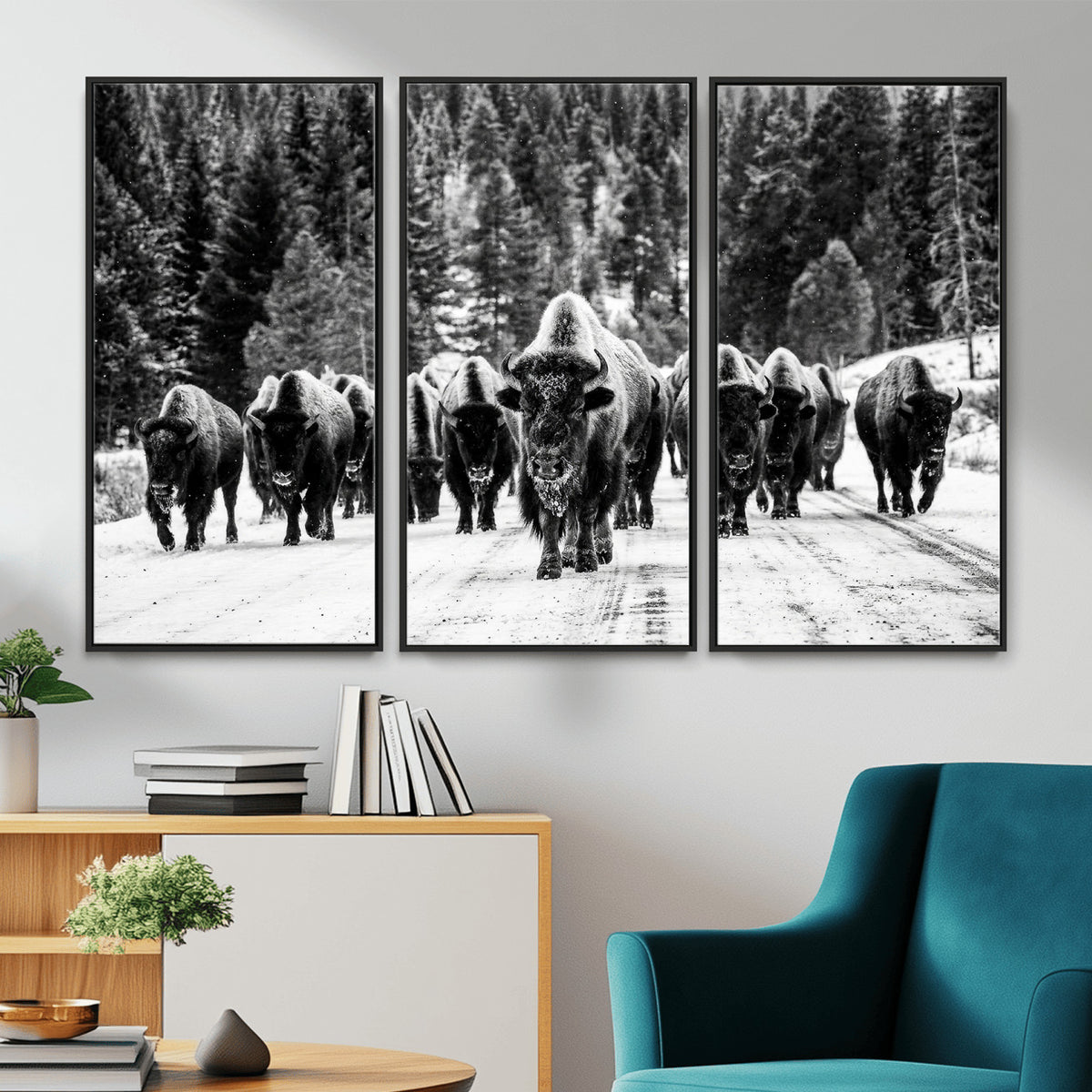 79337077-MGV-CV-36X24 - Black and White Bison Canvas Art, American Buffalo Print, Winter Wildlife Photography, Rustic Forest Wall Decor, Large Statement Nature Gift