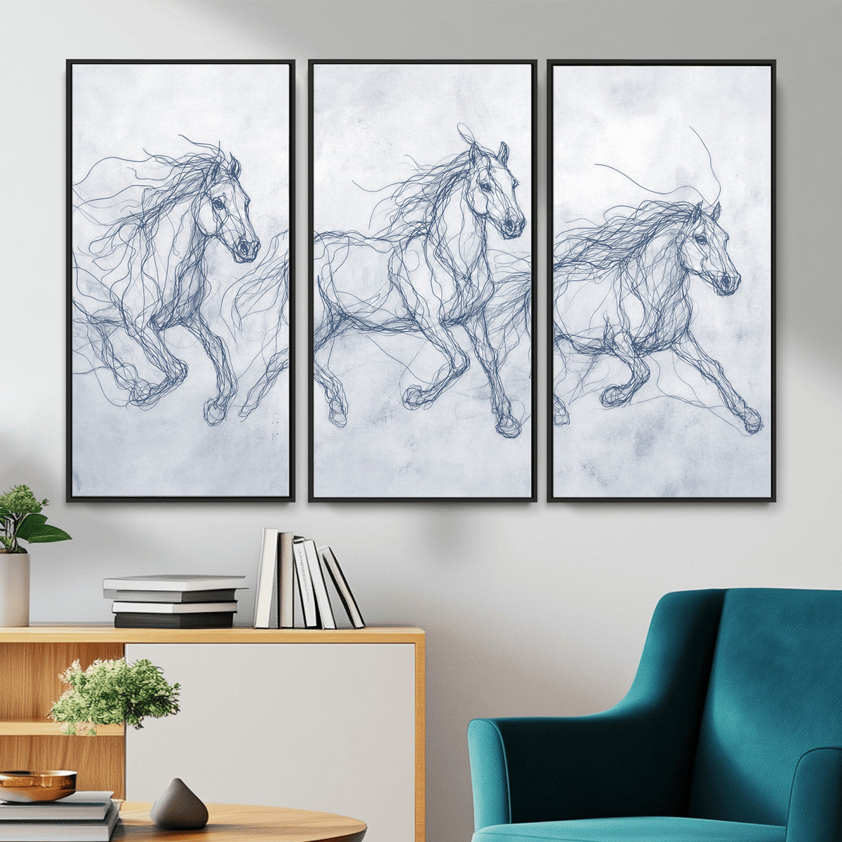 41163601-MGV-CV-36X24 - Indigo Blue Horse Line Art Canvas, Steel Grey Wild Horses Print, Abstract Navy Scribble Artwork, Modern Slate Equine Wall Decor, Coastal Ranch Gift
