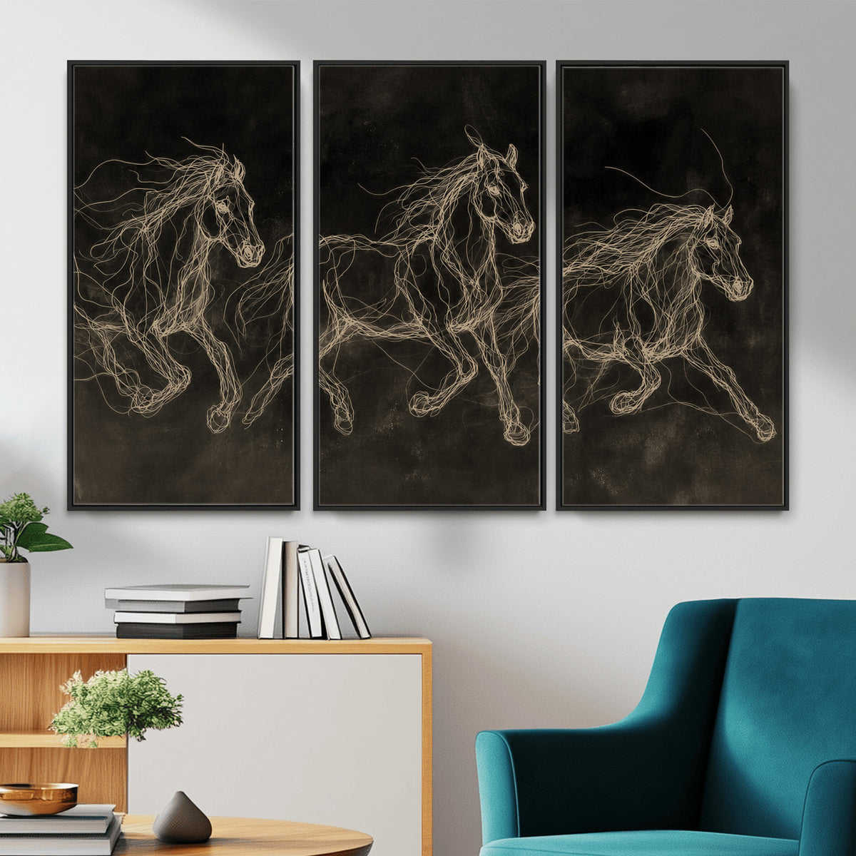 15344242-MGV-CV-36X24 - Dark Horse Line Art Canvas, Gold Scribble Wild Horses Print, Black Chalkboard Wall Art, Modern Luxury Equine Decor, Masculine Office Gift