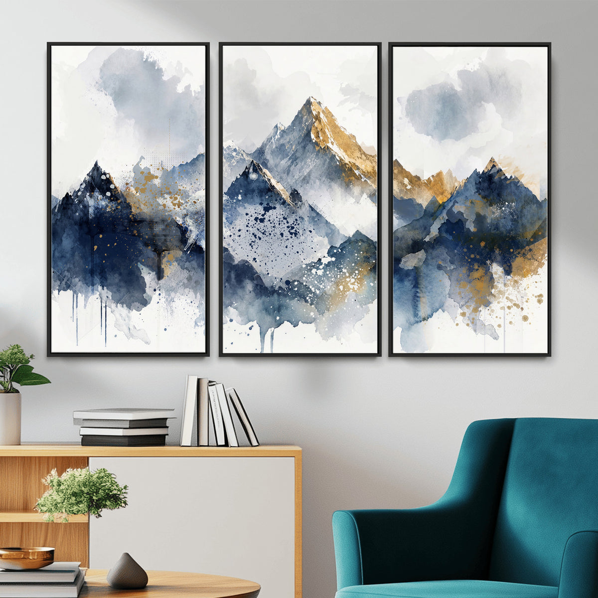 87460616-MGV-CV-36X24 - Abstract Mountain Canvas Wall Art, Blue Gold Foil Landscape Print, Modern Indigo Watercolor Poster, Large Abstract Nature, Luxury Office Gift