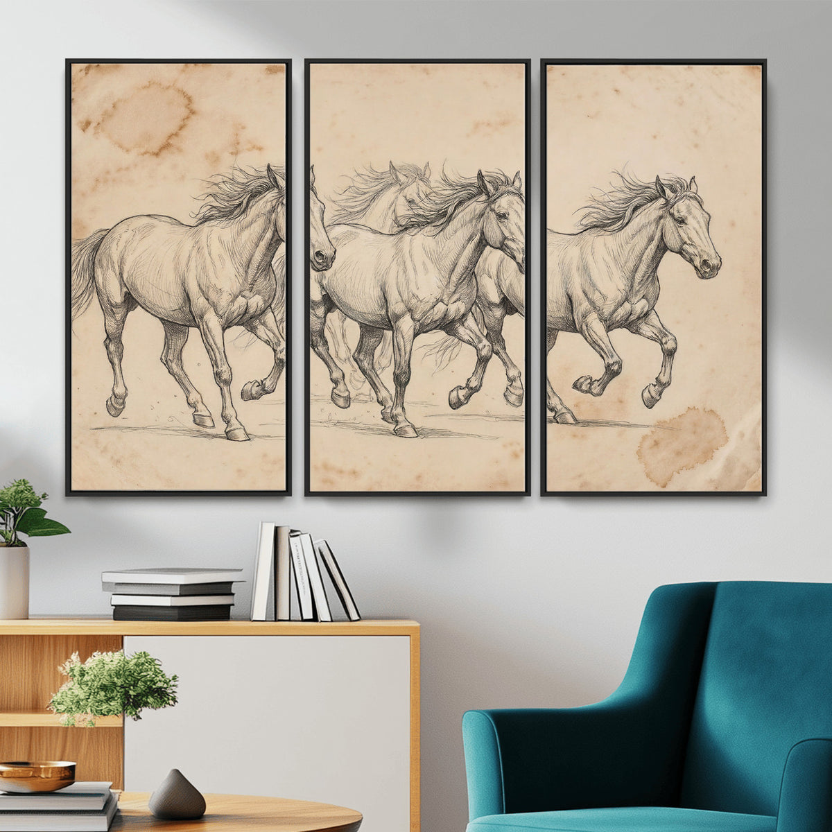 16644391-MGV-CV-36X24 - Vintage Horse Sketch Canvas Wall Art, Wild Horses Pencil Drawing Print, Antique Parchment Western Decor, Equine Sketching, Country Manor Gift