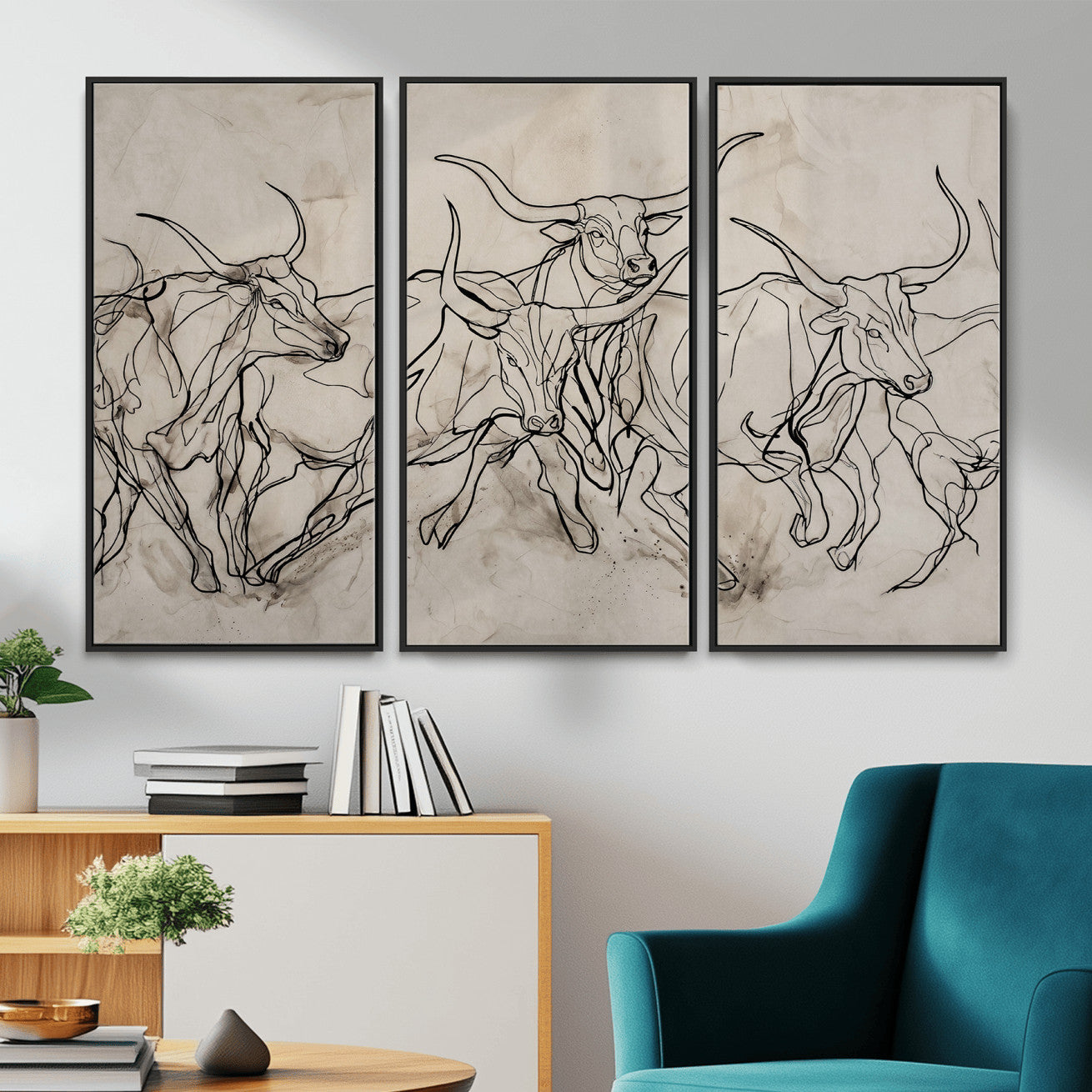 16671245-MGV-CV-36X24 - Minimalist Longhorn Line Art, Modern Texas Bull Canvas Print, Abstract Western Wall Decor, Continuous Line Artwork, Black White Ranch Gift