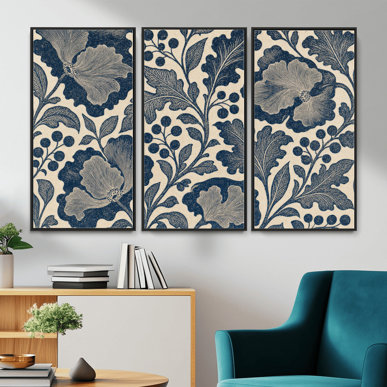 23824002-MGV-CV-36X24 - William Morris Style Navy Blue Floral Wall Art Canvas Print, Vintage Cream Botanical Painting Print