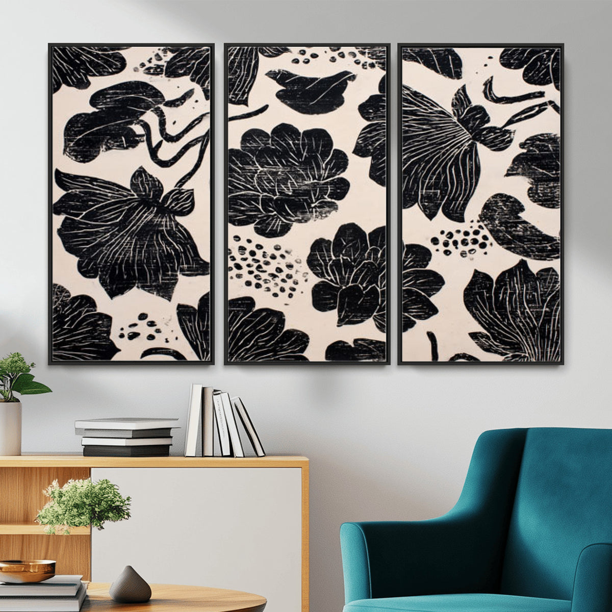 81787117-MGV-CV-36X24 - Linocut Black Lotus Floral Wall Art Canvas Print, Vintage Monochrome Botanical Painting Print