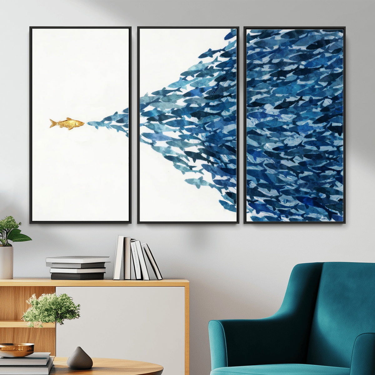 79089639-MGV-CV-36X24 - Abstract Blue Fish School Canvas Wall Art, Gold Foil Accent Marine Print