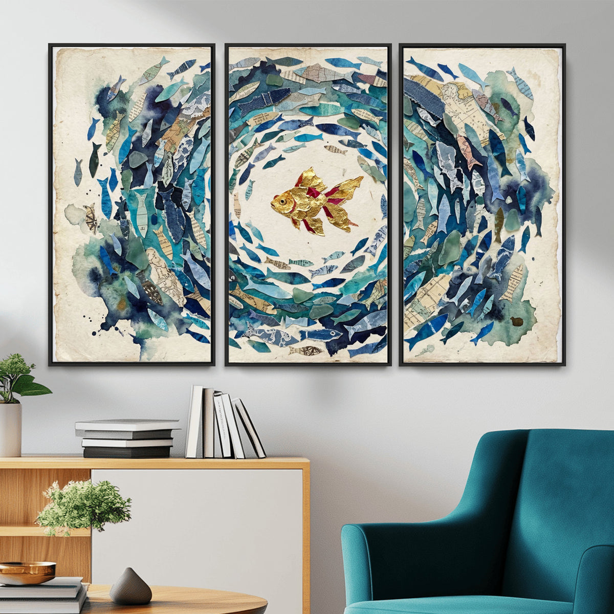 73165663-MGV-CV-36X24 - Mixed Media Blue Fish Swirl Canvas Wall Art, Goldfish Collage Ocean Print