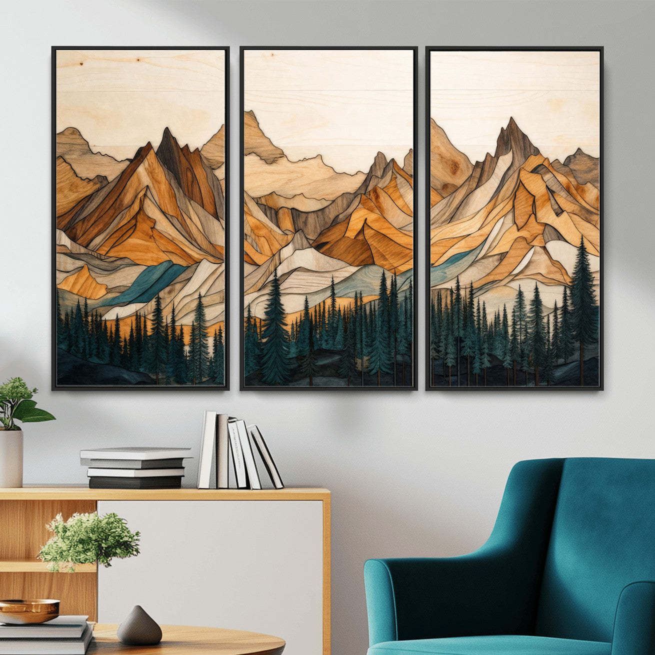 57384313-MGV-CV-48X32-3P - Mountain Landscape Canvas Wall Art with Wood Grain Effect, Golden Peaks and Teal Pine Forest, Framed Cabin Decor