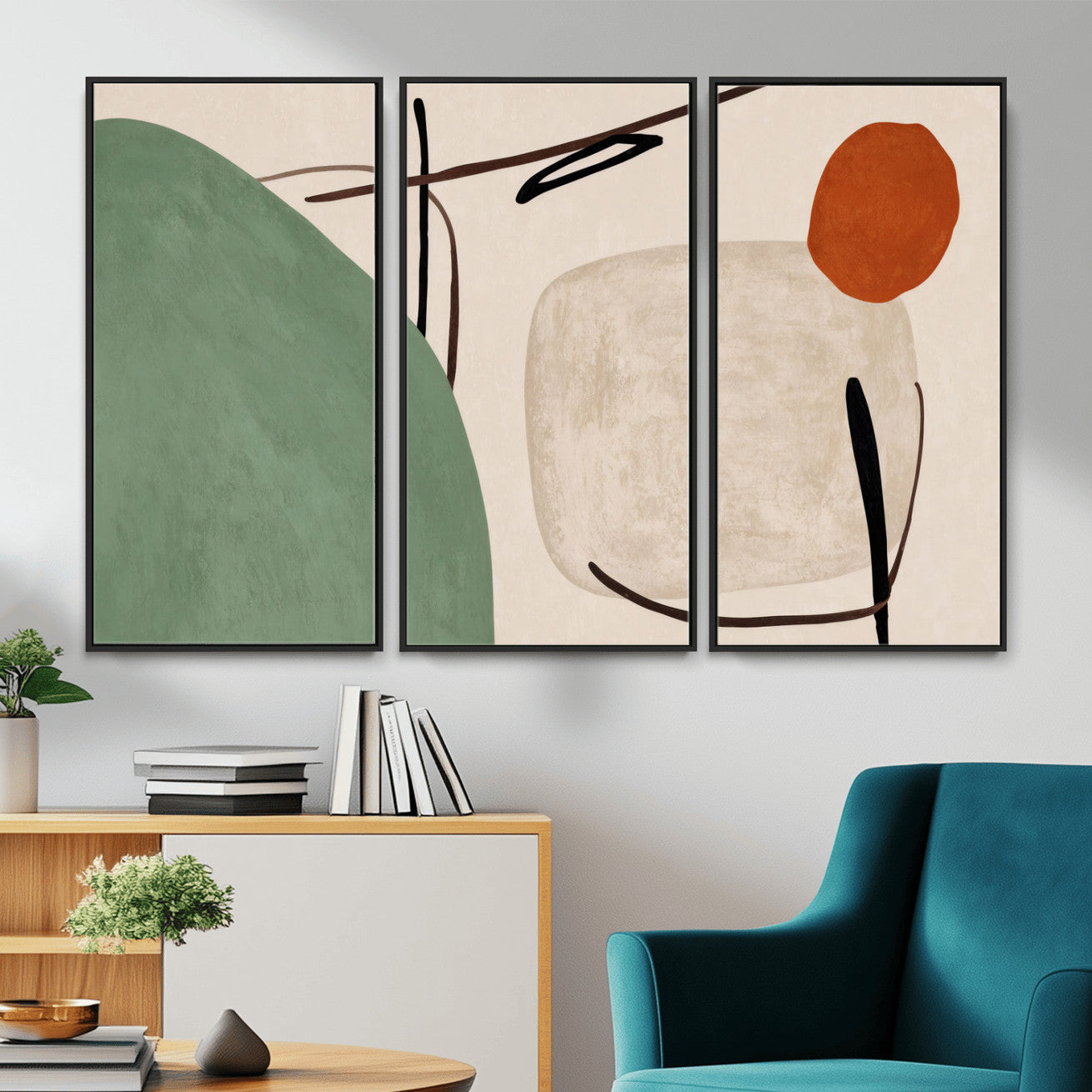 46798824-MGV-CV-48X32-3P - Mid Century Modern Geometric Canvas Wall Art, Abstract Triptych Print