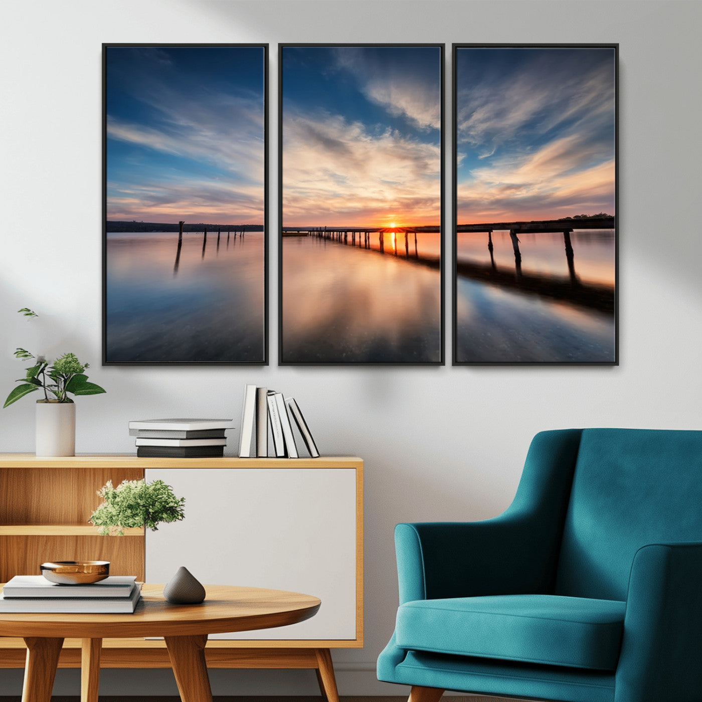 39967-MGV-CV-36X24-Wooden Pier on Seascape and Sunset Wall Art Canvas Print