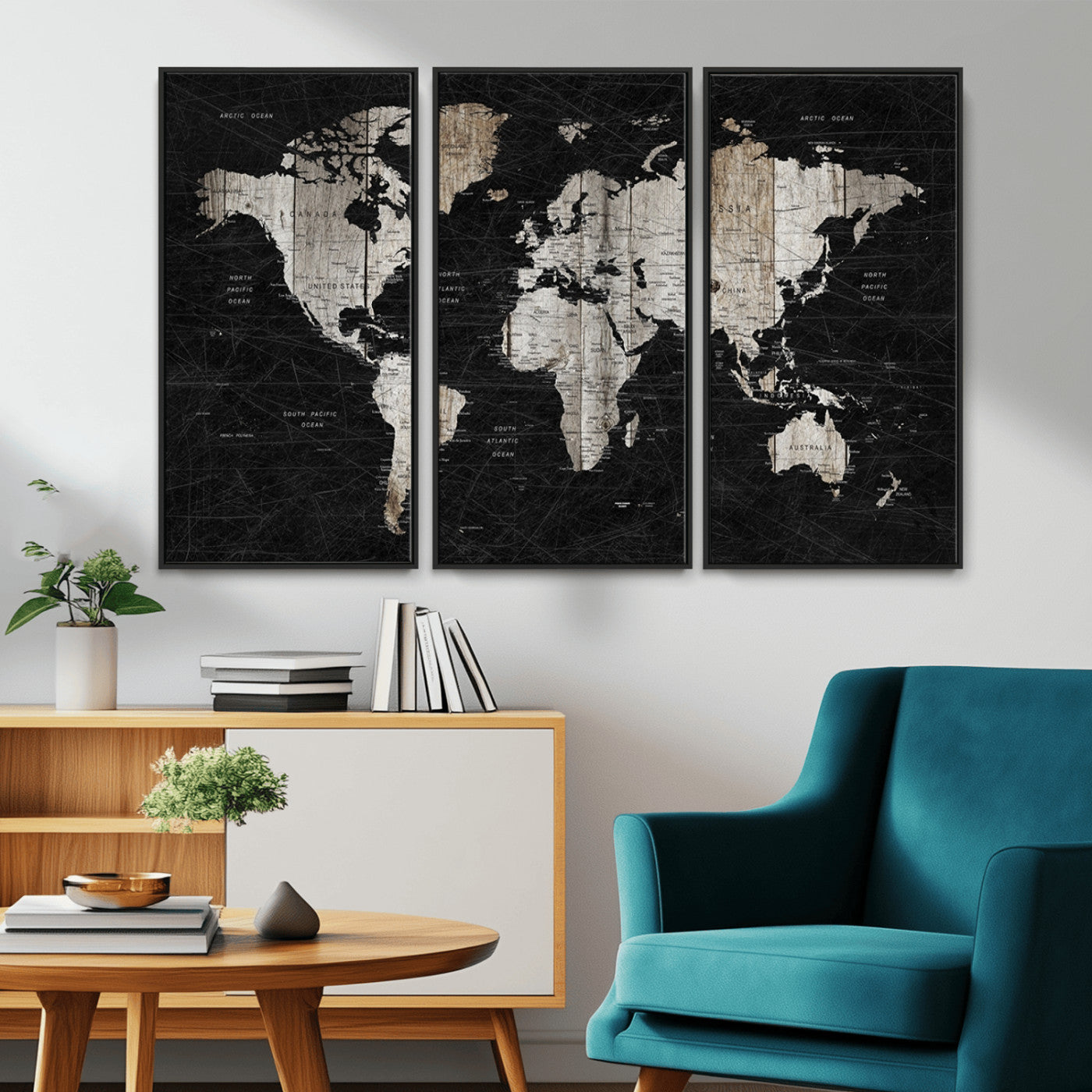 89998-MGV-CV-36X24-Rustic Black and Wood World Map Canvas Wall Art – Framed Push Pin Travel Map for Home and Office Decor, Modern Vintage Wall Artwork