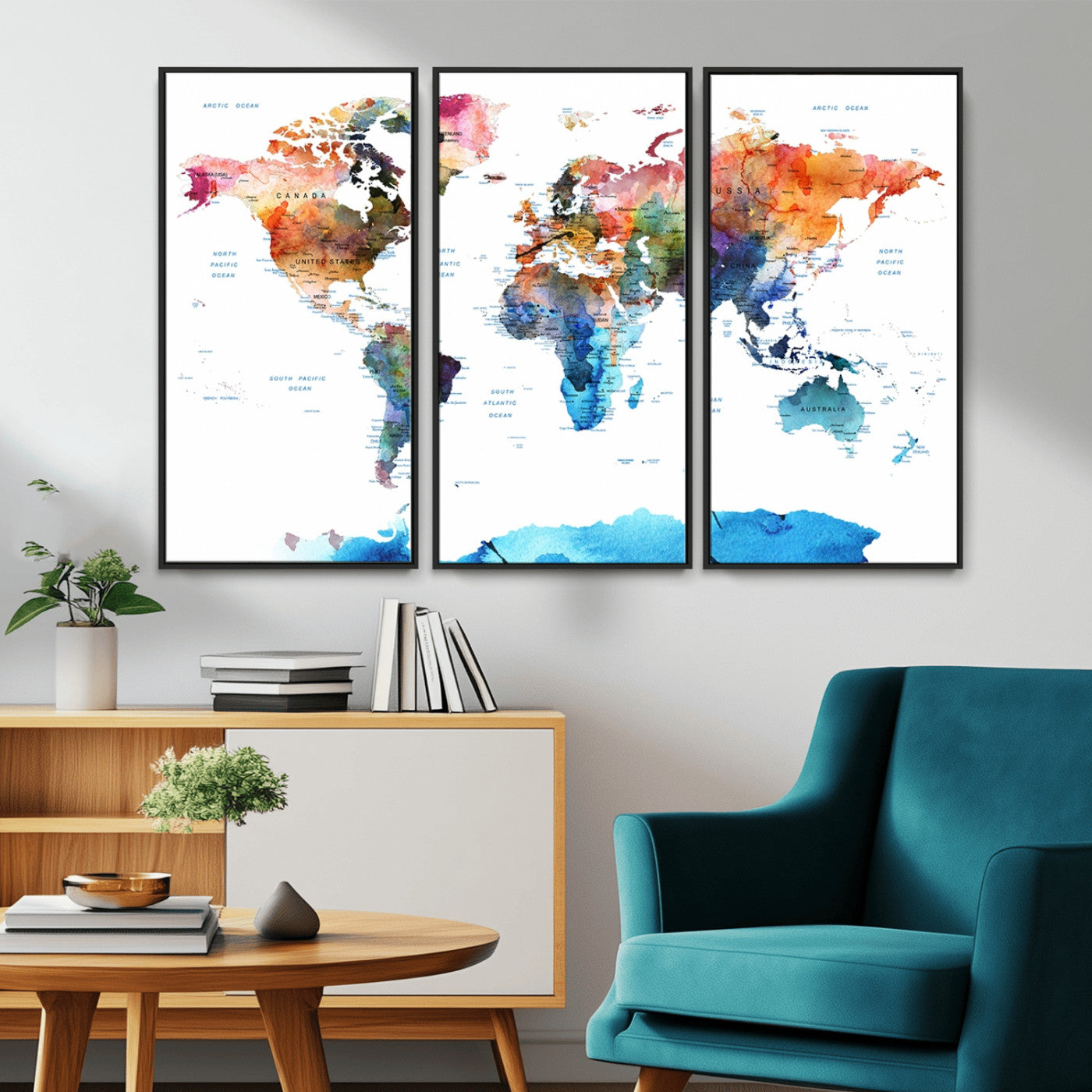 11576-MGV-CV-36X24-Vibrant Watercolor World Map Canvas Wall Art – Framed Push Pin Travel Map for Home and Office Decor, Modern Colorful Wall Artwork