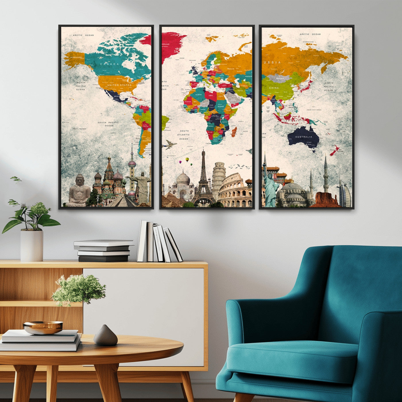 -Colorful World Map Canvas Wall Art with Landmarks – Framed Travel Map Print for Home and Office Decor, Perfect Gift for Travel Lovers