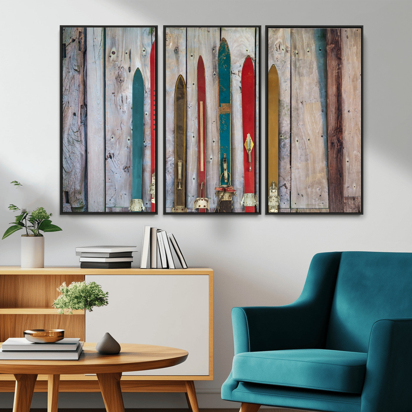 -Vintage Wooden Weathered Ski's in Front of an Old Barn Wall Art Canvas Print for Farmhouse, Cabin