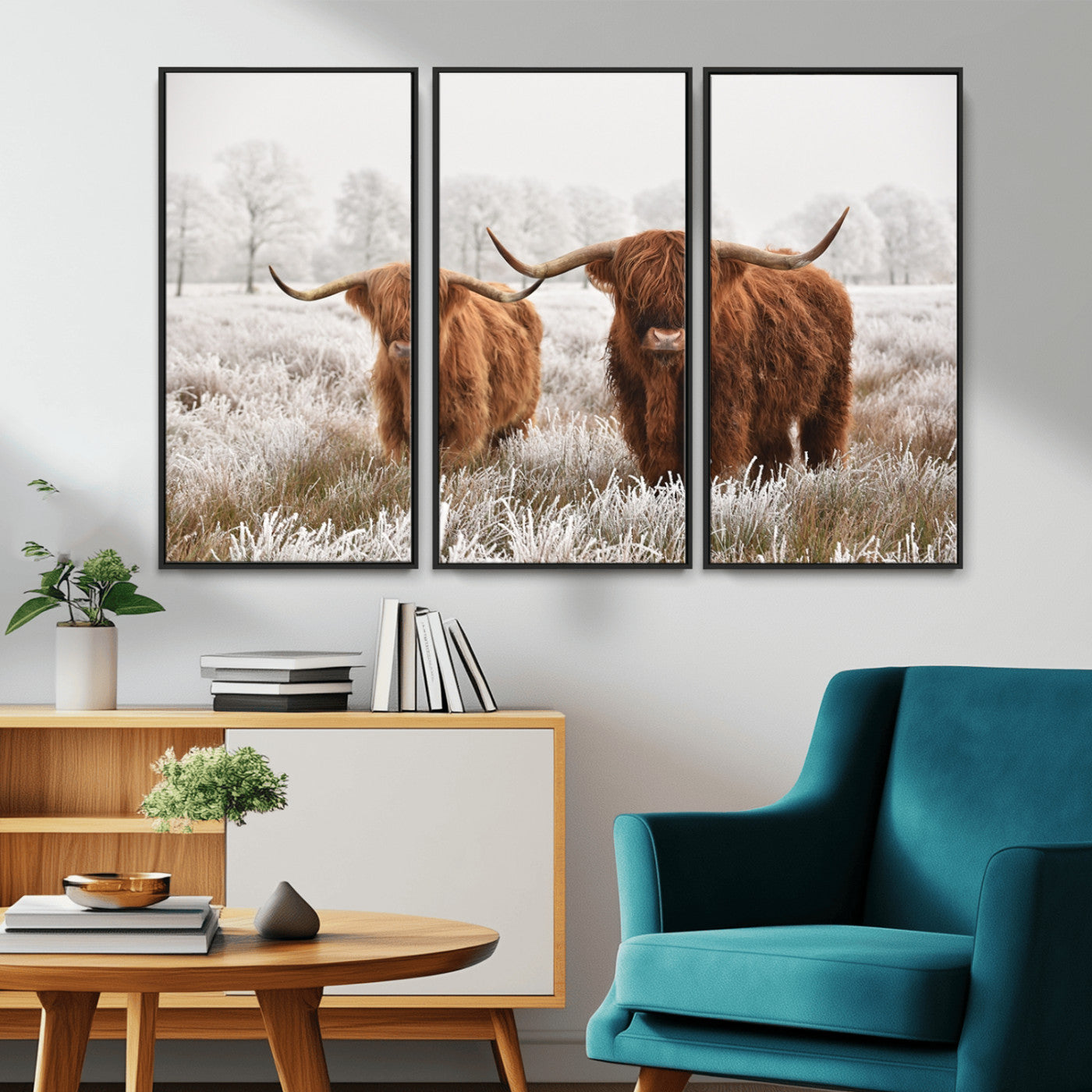 -Longhorn Cattle Wall Art Canvas Print, Framed Farmhouse Style Art Picture Print, Rustic Cow Perfect Rustic Farmhouse Decor Artwork