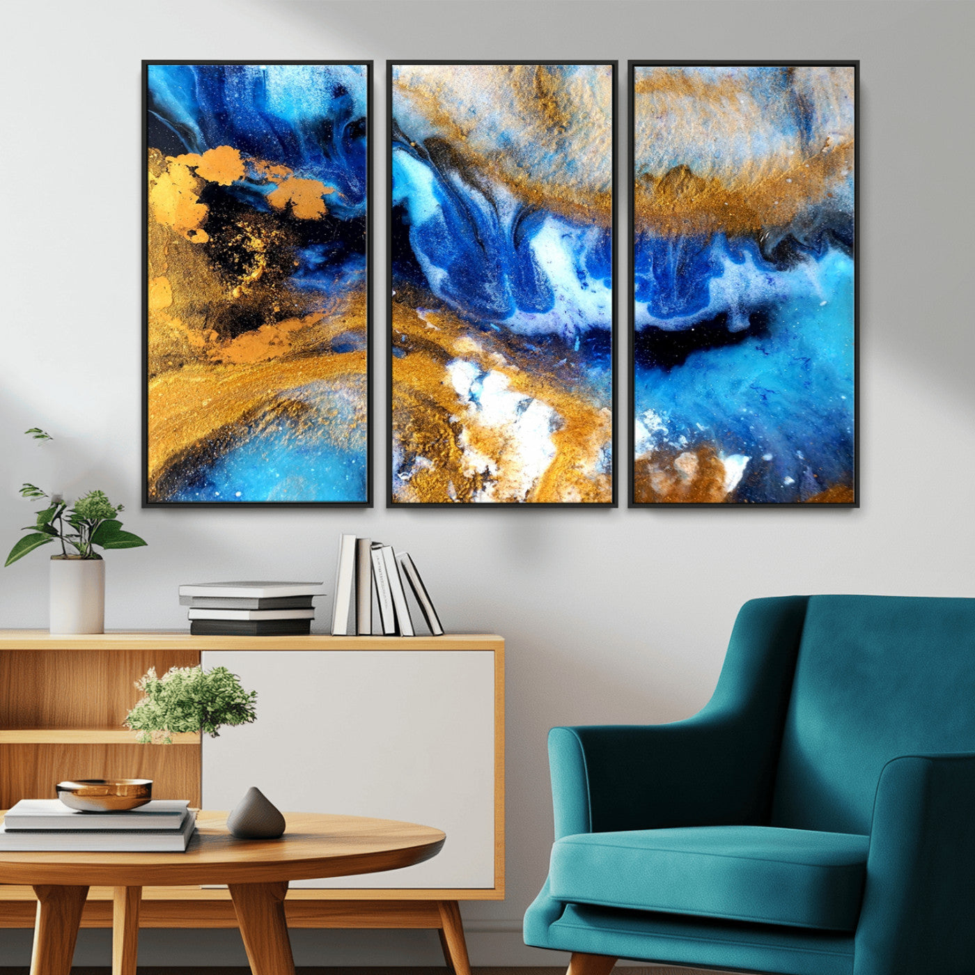 42100-MGV-CV-36X24-Blue Orange Marble Fluid Effect Canvas Wall Art Print