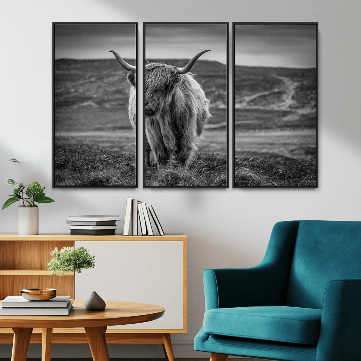 -Fluffy Cattle Wall Art Print, Highland Cow Canvas, Framed Black and white Wall Art