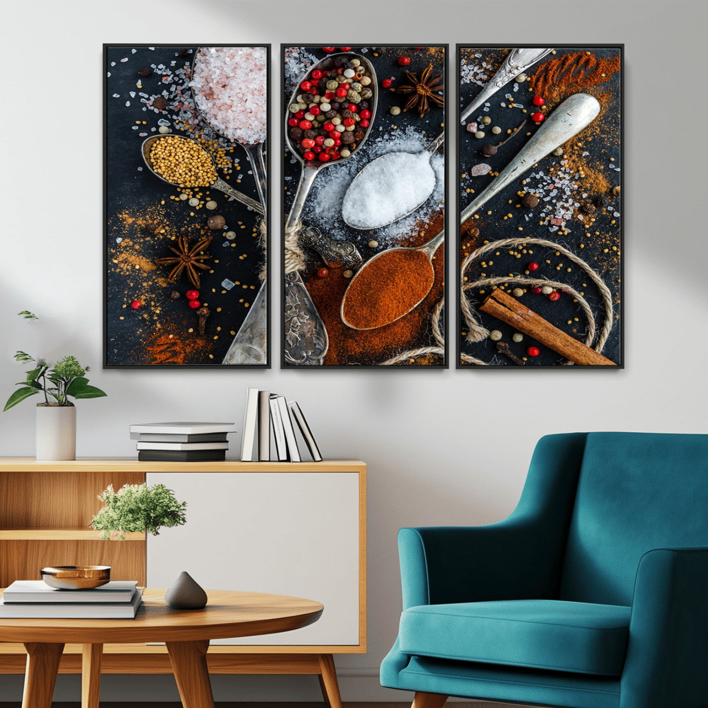 -Spices and Seasonings Canvas Wall Art – Colorful Triptych Kitchen Decor – Culinary Art for Dining