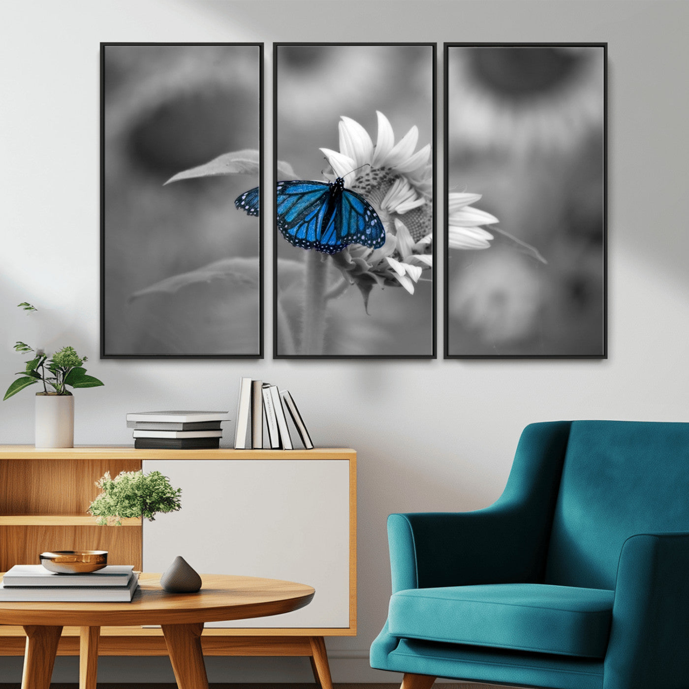 -Blue Butterfly Black and White Canvas Wall Art