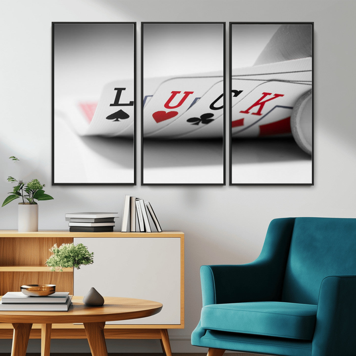 -Framed Luck Poker Cards Canvas – Modern Triptych Wall Art, Ready to Hang for Game Rooms
