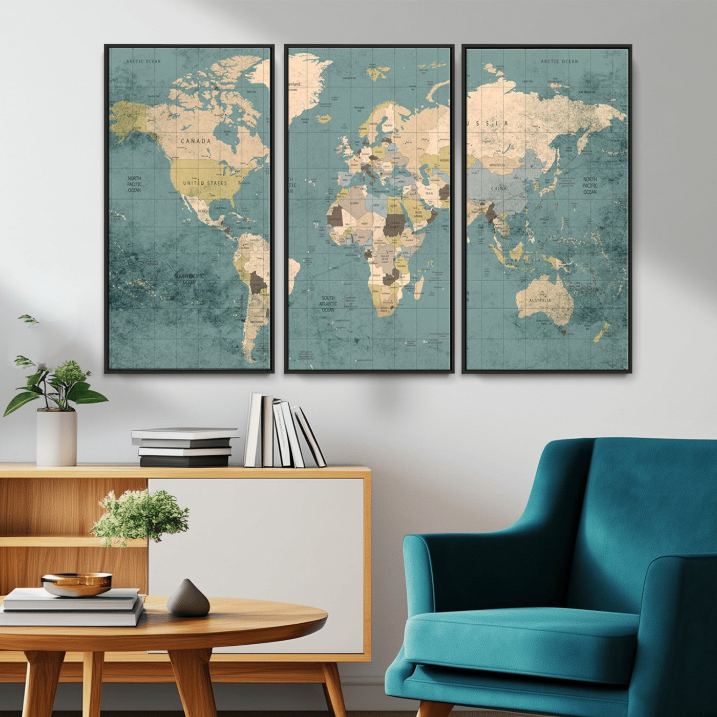 -Classic World Map Canvas Print – Framed Vintage Map Wall Art, Retro Atlas Design for Rustic Explorer or Study Room Decor
