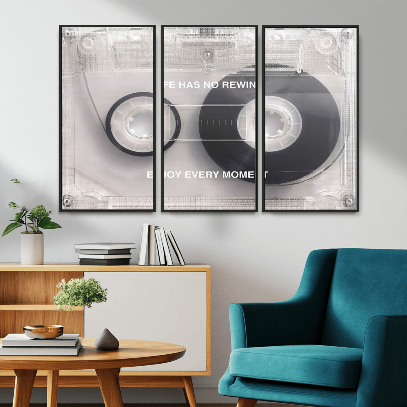 -Vintage Cassette Tape Canvas Wall Art - Inspirational 'Life Has No Rewind' Quote, Retro Music Decor
