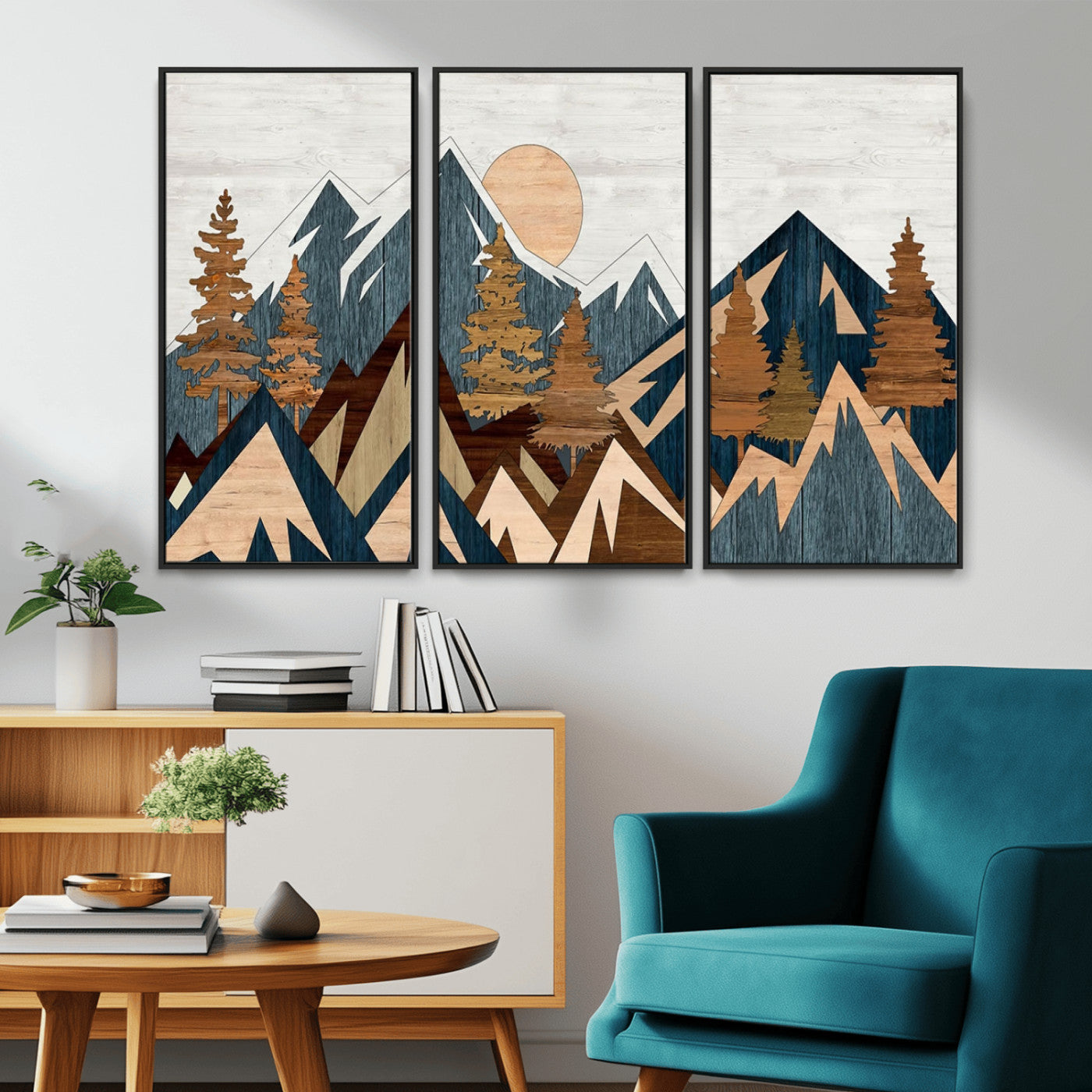 91467-MGV-FC-48X32-3P_Black-Abstract Wood Panel Effect Mountain Range Top Wall Art Canvas Print