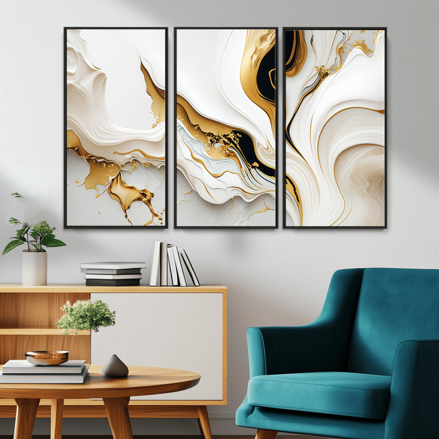 98637-MGV-FC-48X32-3P_Black-Gold Waves on Pure White Canvas – Gold Abstract Art for Modern Interiors | Wall Art Canvas, Framed &