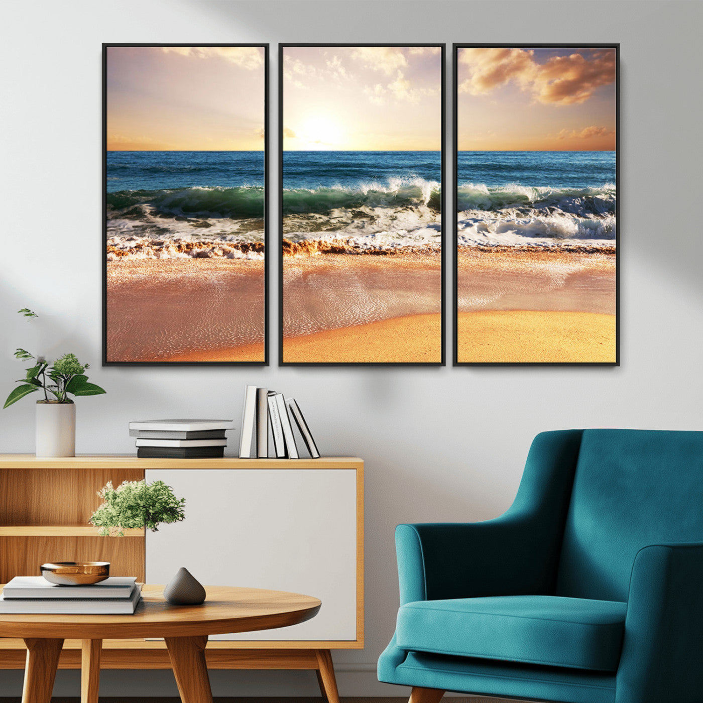 42011-MGV-CV-36X24-Sunset Beach Wall Art - 3-Panel Framed Canvas Print, Ready to Hang Ocean Sunset for Coastal and