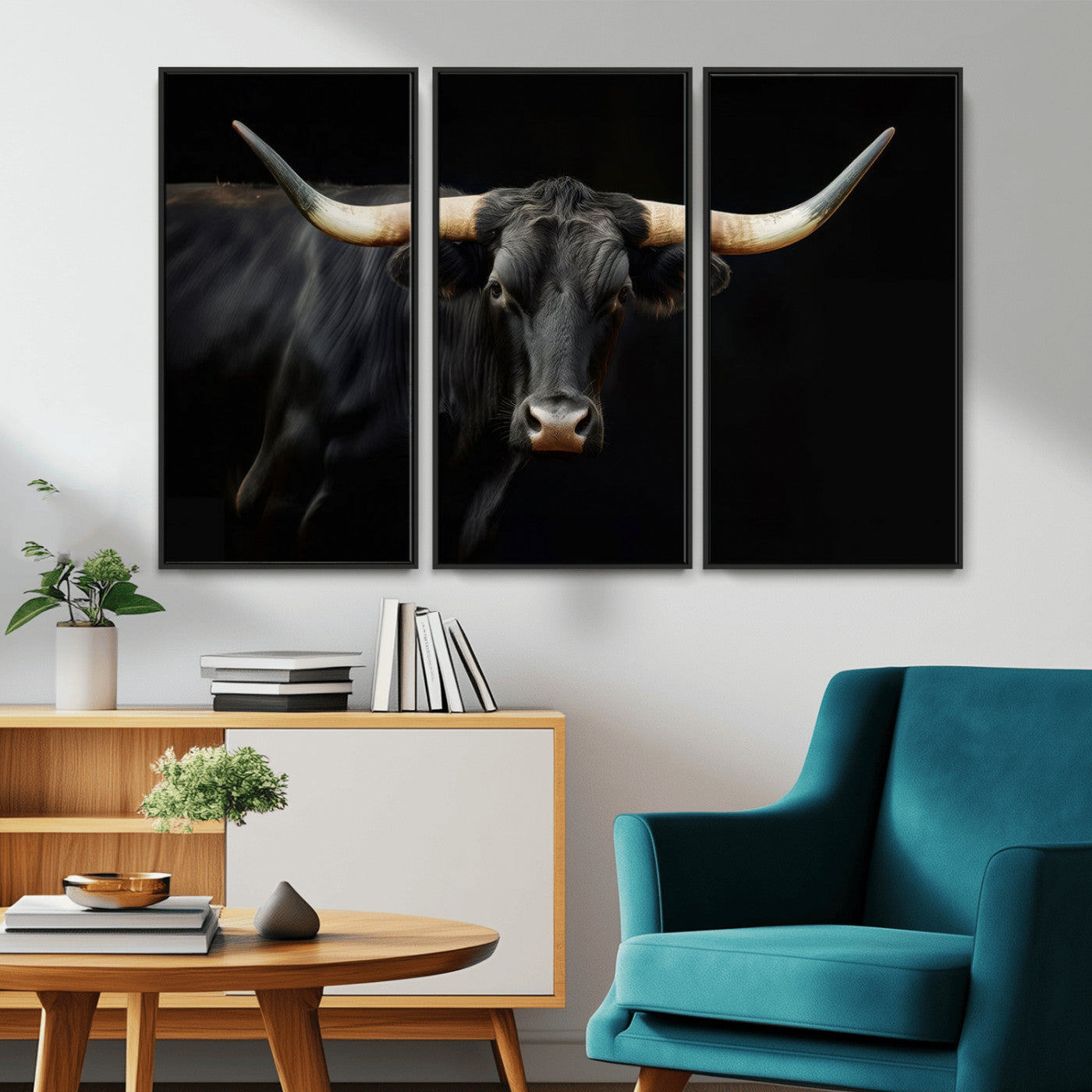 63798-MGV-CV-36X24-Black Bull Wall Art – Majestic Longhorn Canvas Print with Dark Background, Rustic Western Farmhouse Decor for Living Room or Office