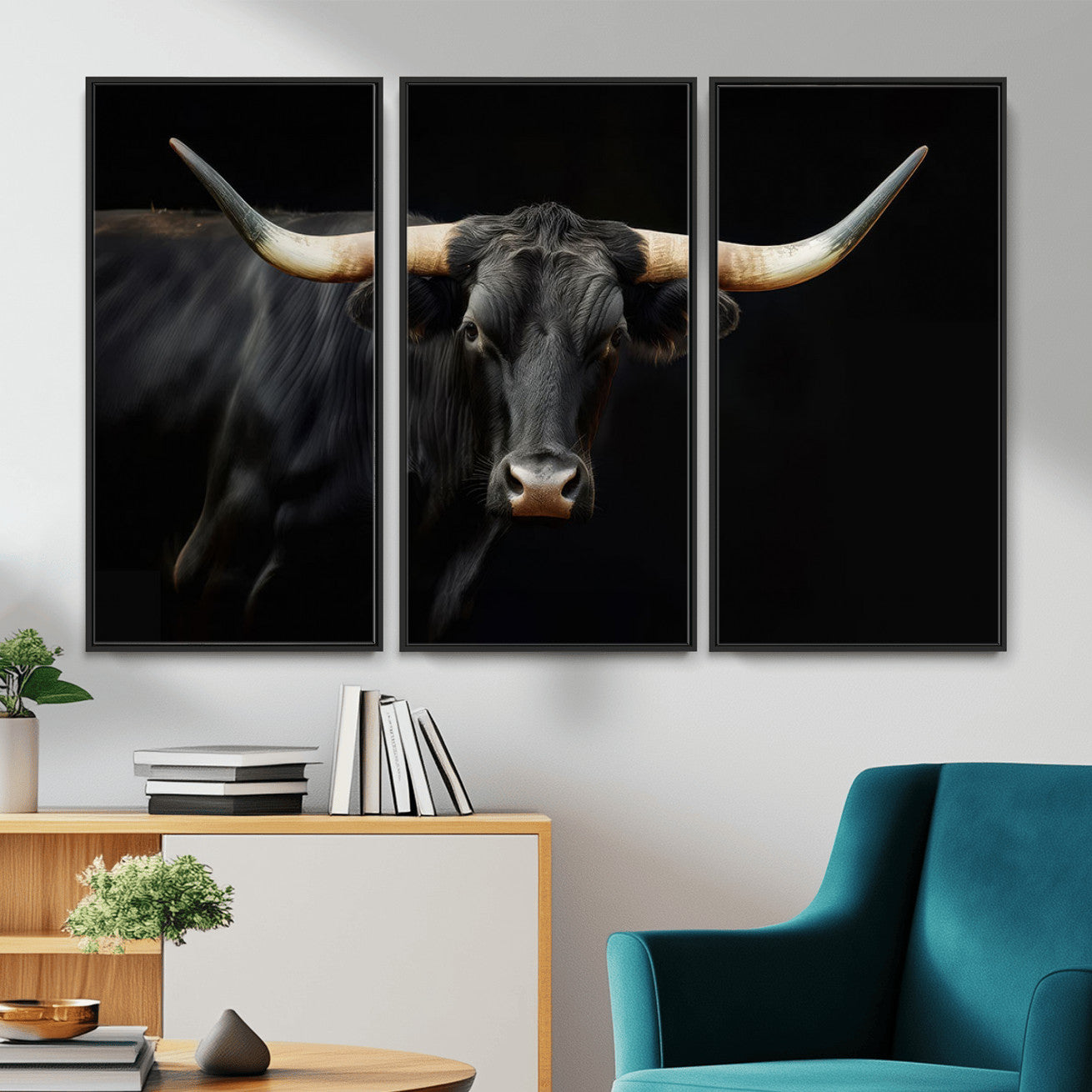 63798-MGV-CV-36X24 - Texas Longhorn Cow | Majestic Black Bull Wall Art Canvas Print - Farmhouse Animal Decor - Ready to