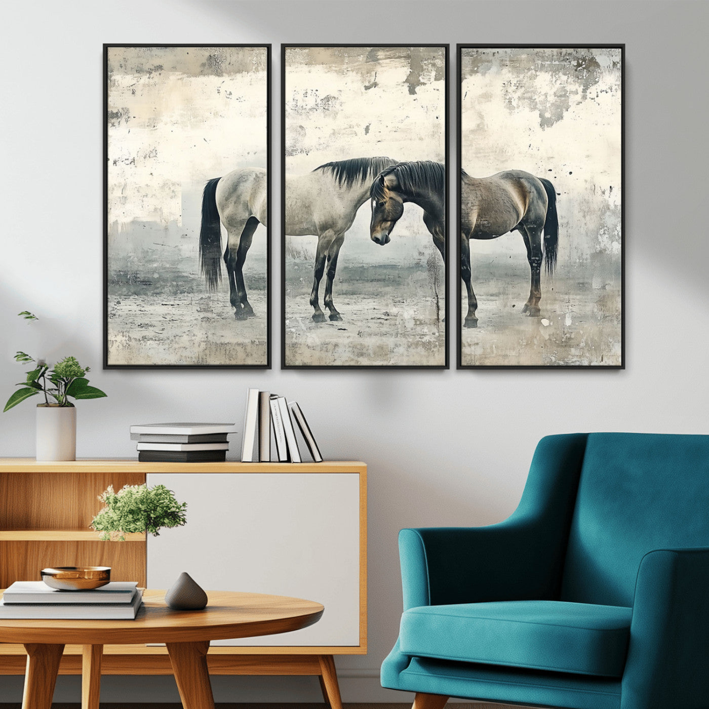 -Chines Style Majestic Horses Wall Art | Ready to Hang and Framed Triptych Print | Western Farmhouse