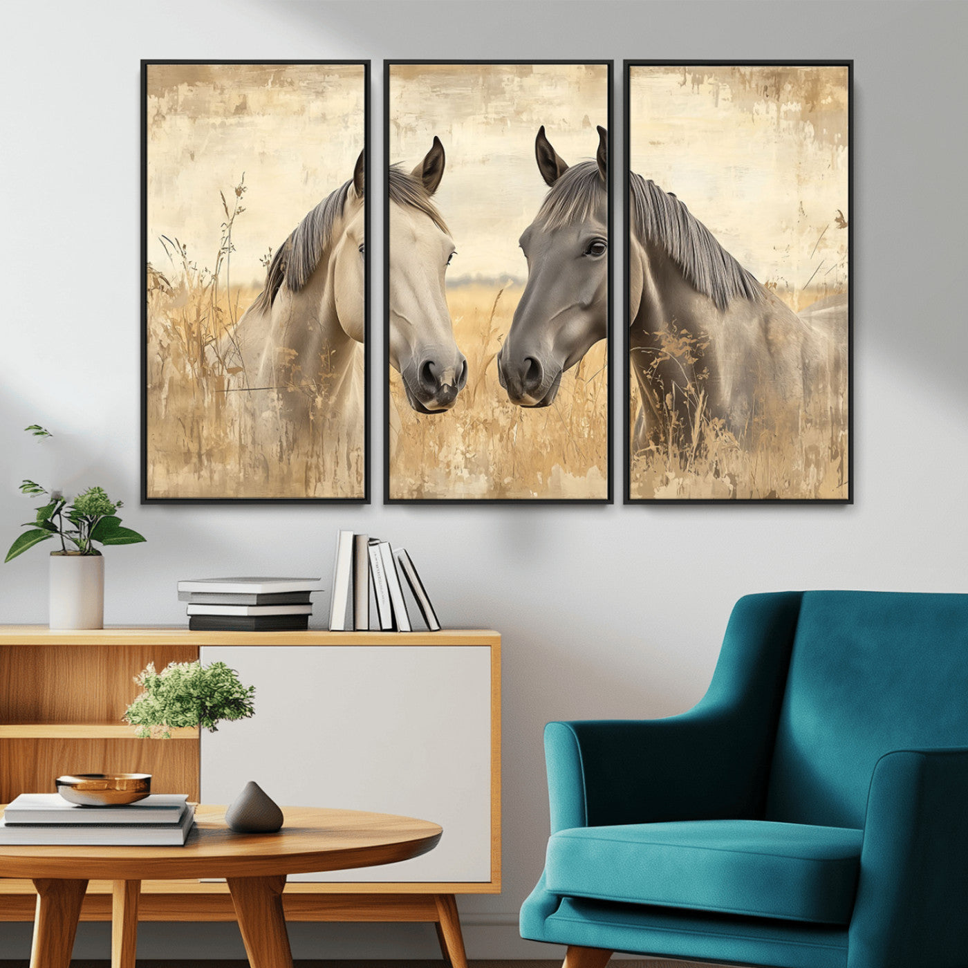 -Chines Ink Style Grunge Horses Wall Art Canvas Print