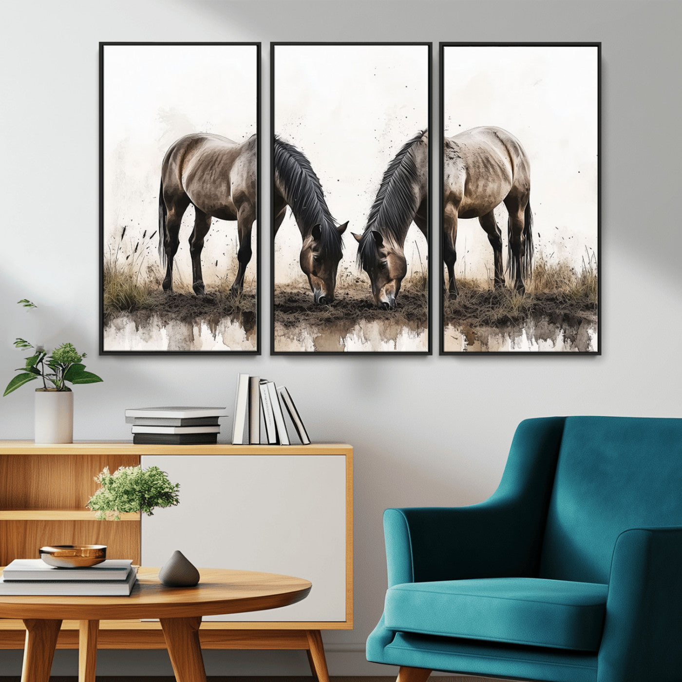 -Chines Ink Style Horses Wall Art Canvas Print