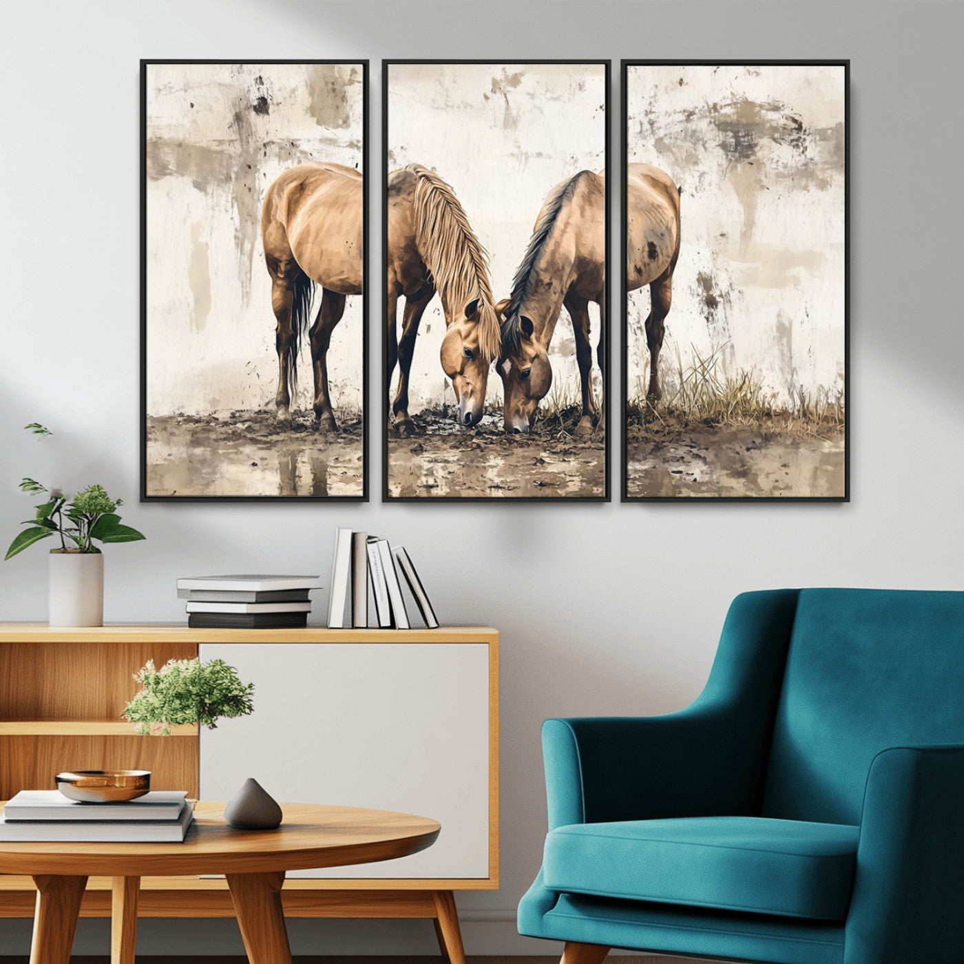 -Vintage Horses Wall Art | Ready to Hang and Framed Triptych | Western Farmhouse Wall Decor for
