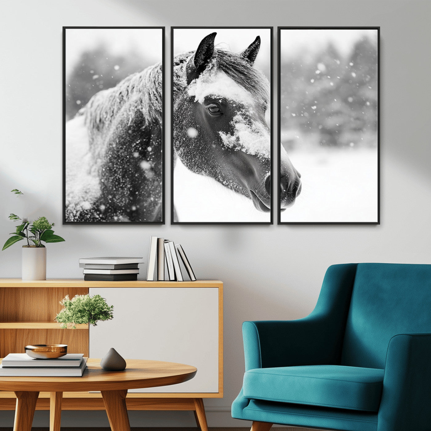 13358-MGV-CV-36X24-Black Horse Winter Wall Art | Ready to Hang and Framed | Farmhouse and Western Wall Decor for Living Room