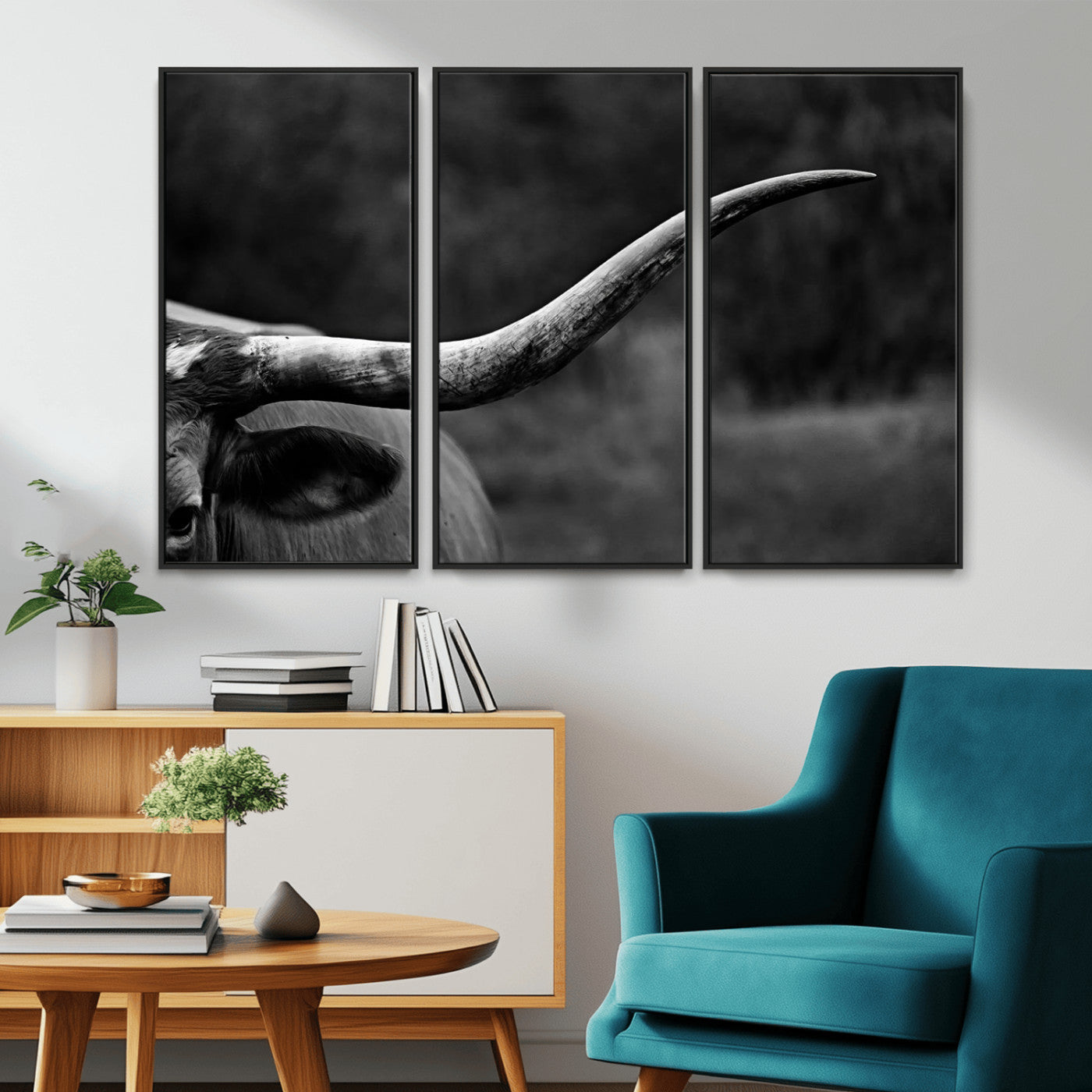 -Cow Longhorn Wall Art | Black and White Print | Ready to Hang and Framed | Farmhouse Wall Decor |