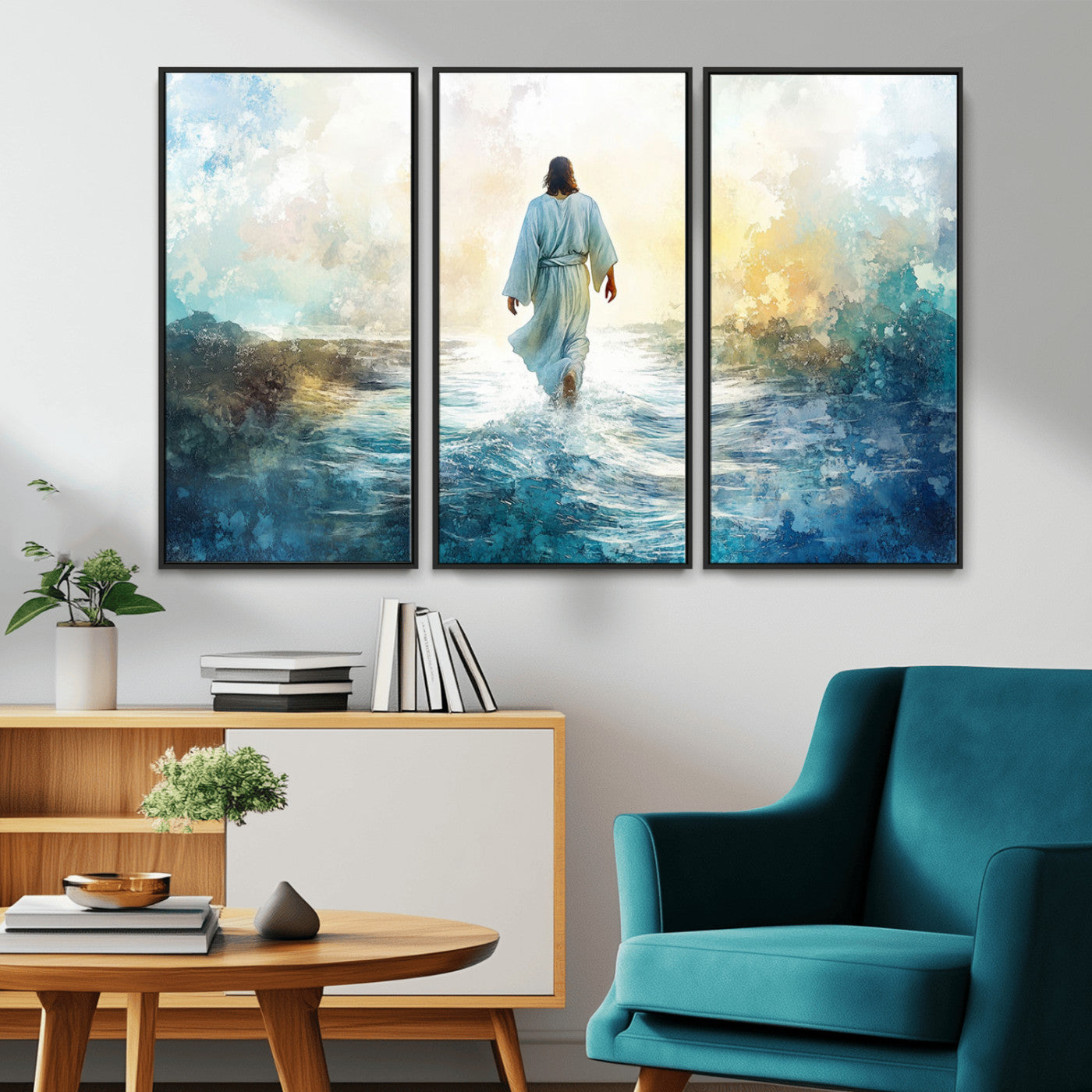 -Watercolor Jesus Walking on Water Canvas Print, Christian Wall Art, Jesus Christ Walking
